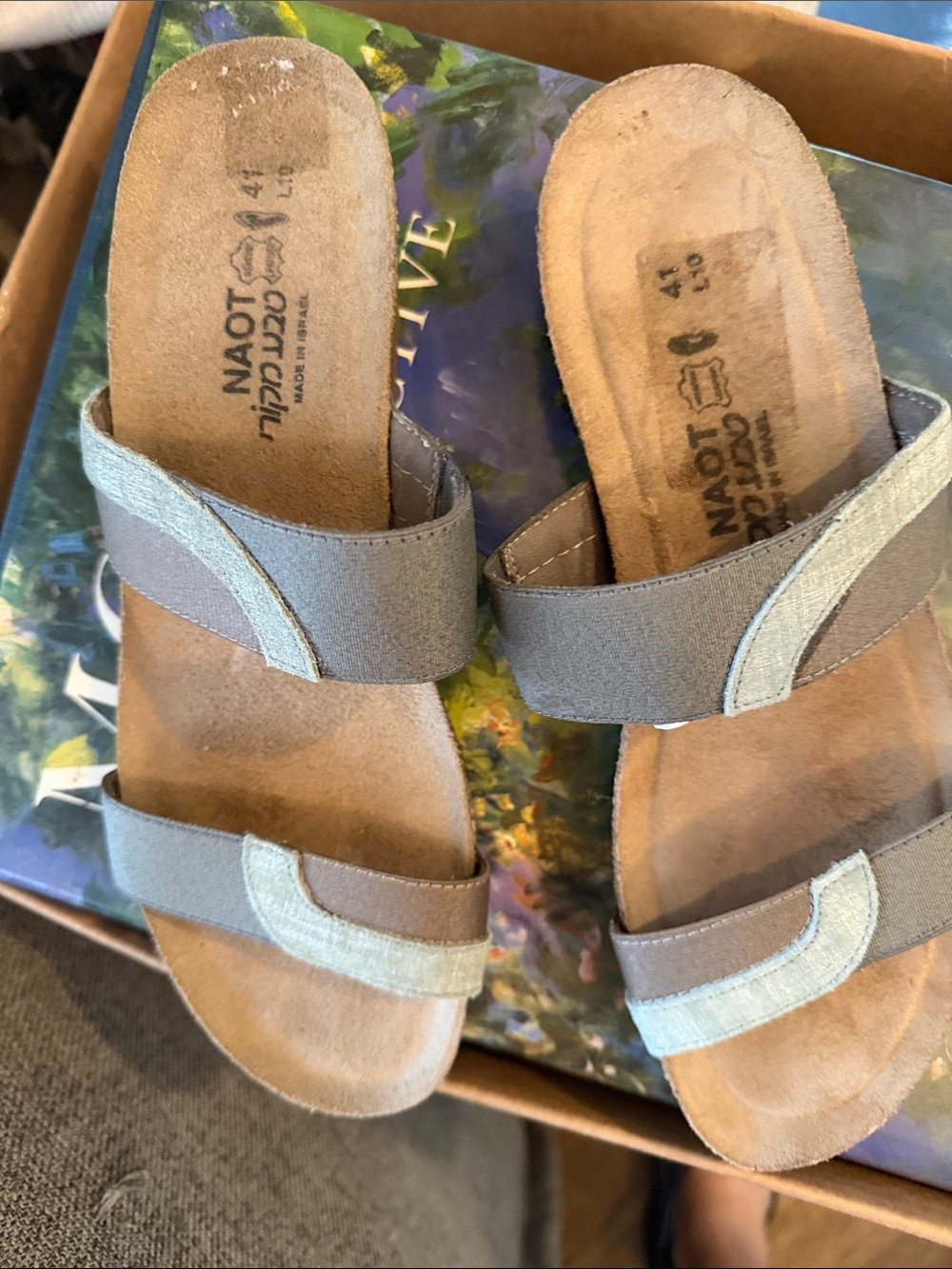 Naot Women's Two-Strap Slide Sandals in Brown and Light Green - Picture 2 of 7